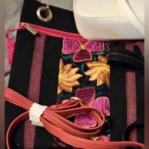 Stylish Black Floral Embroidered Crossbody Bag with Pink Accents
